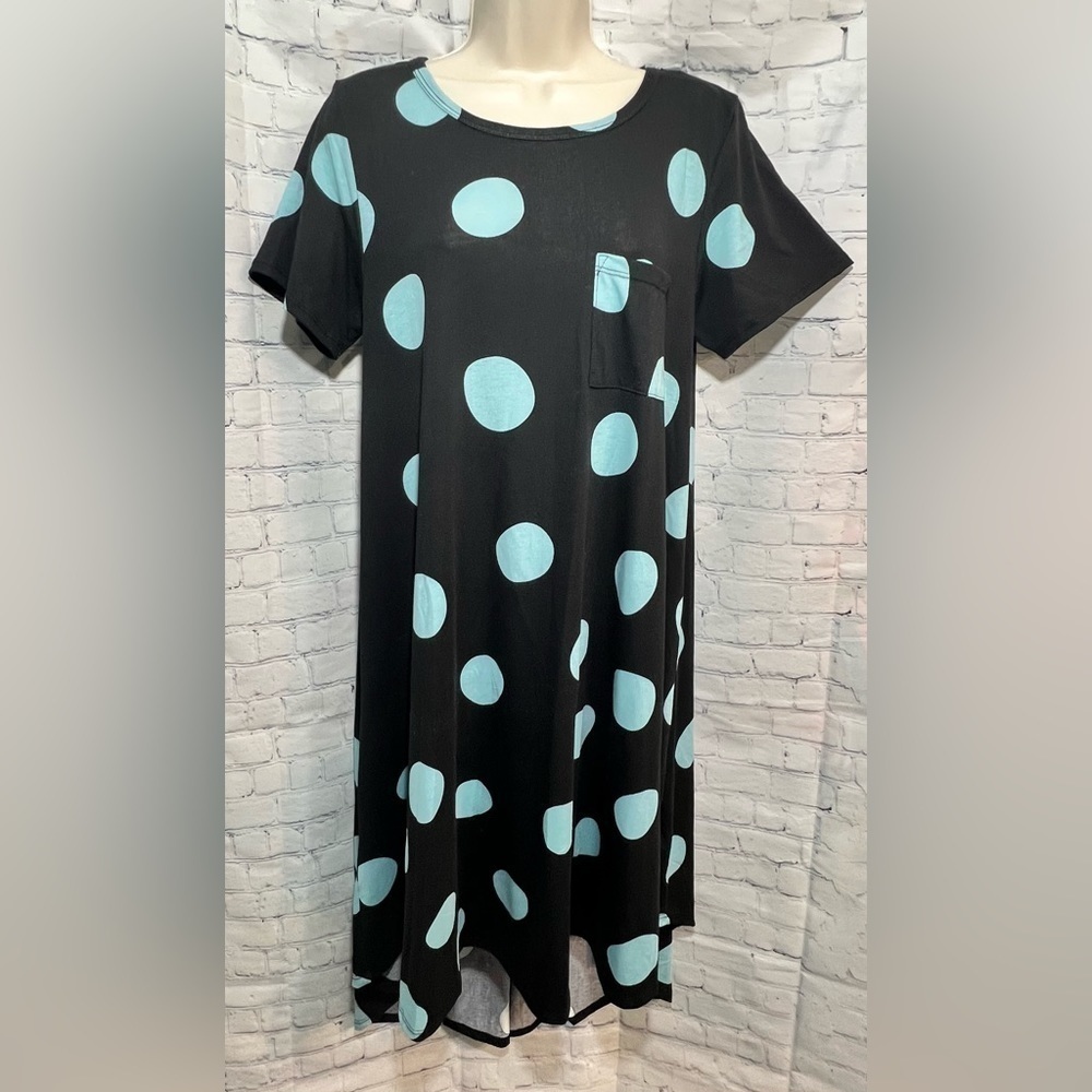LULAROE Carly Dress Black with Mint Polka Dots Size Small
